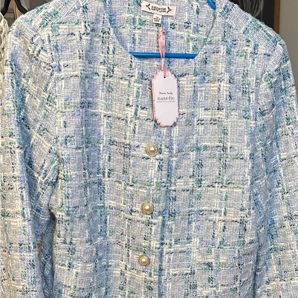 Nanette Lepore Blue Green Tweed Pearl-Button Jacket